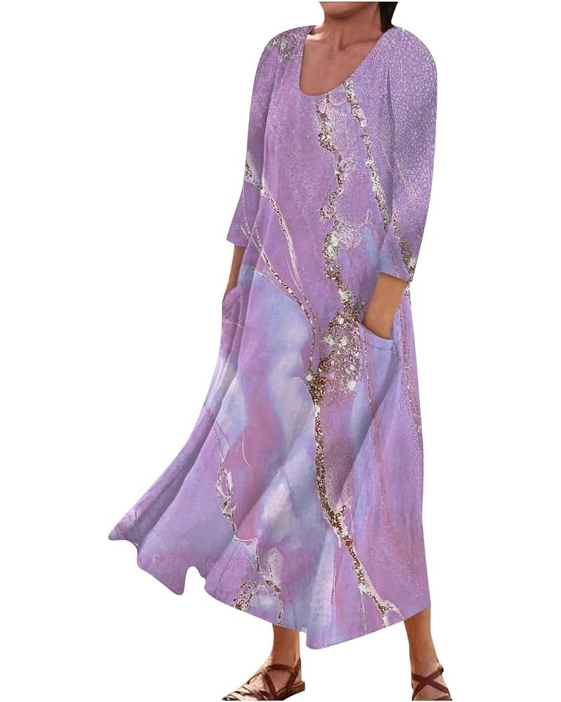 Maxi Dress for Women Long Sleeve Printing Cute Flowy Oversize Summer Beach Linen Dresses with Pocket 25-purple $17.10 Dresses