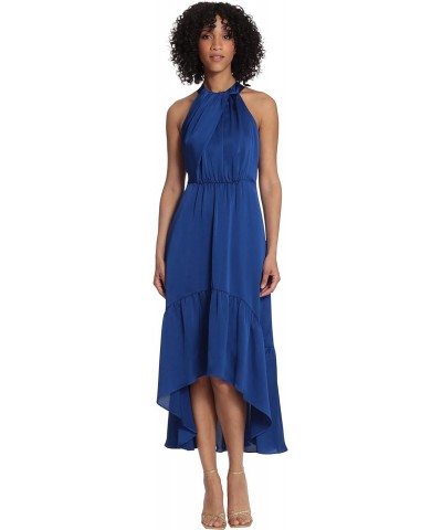 Women's Fold Detail Halter Dress with Back Neck Tie and Tiered High-Low Skirt, Sodalite Blue, 10 $43.05 Dresses