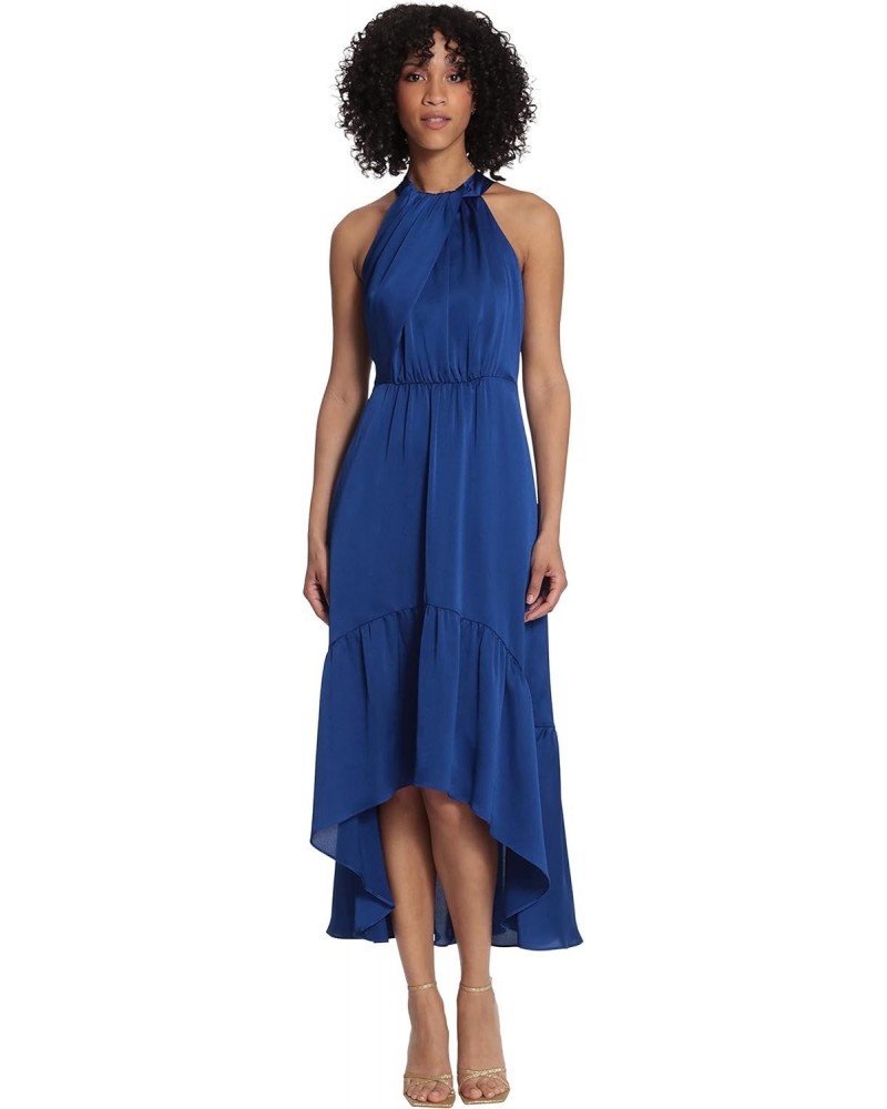 Women's Fold Detail Halter Dress with Back Neck Tie and Tiered High-Low Skirt, Sodalite Blue, 10 $43.05 Dresses