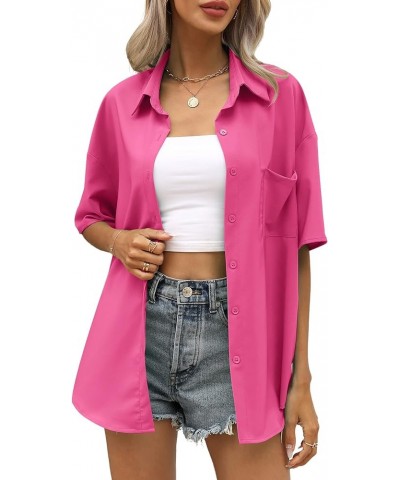 Button Down Shirt for Women Summer Short Sleeve Shirt V Neck Collared Oversized Shirt Blouses with Pocket Hot Pink $13.20 Blo...