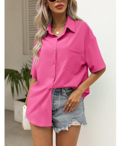 Button Down Shirt for Women Summer Short Sleeve Shirt V Neck Collared Oversized Shirt Blouses with Pocket Hot Pink $13.20 Blo...