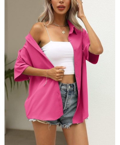 Button Down Shirt for Women Summer Short Sleeve Shirt V Neck Collared Oversized Shirt Blouses with Pocket Hot Pink $13.20 Blo...