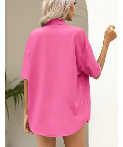 Button Down Shirt for Women Summer Short Sleeve Shirt V Neck Collared Oversized Shirt Blouses with Pocket Hot Pink $13.20 Blo...