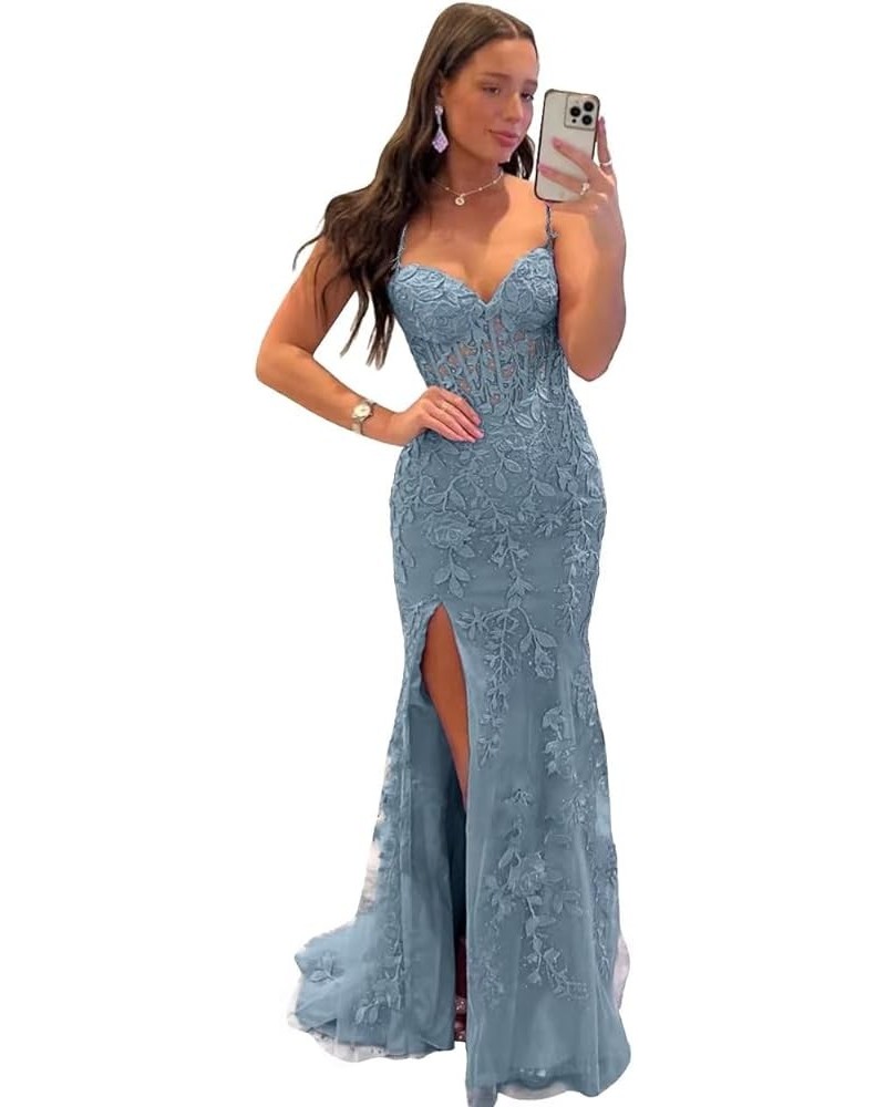 Mermaid Prom Dress for Women Long Tulle V Neck Lace Appliques Spaghetti Straps Formal Evening Party Gowns with Slit Dusty Blu...