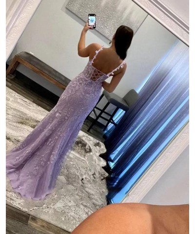 Mermaid Prom Dress for Women Long Tulle V Neck Lace Appliques Spaghetti Straps Formal Evening Party Gowns with Slit Dusty Blu...