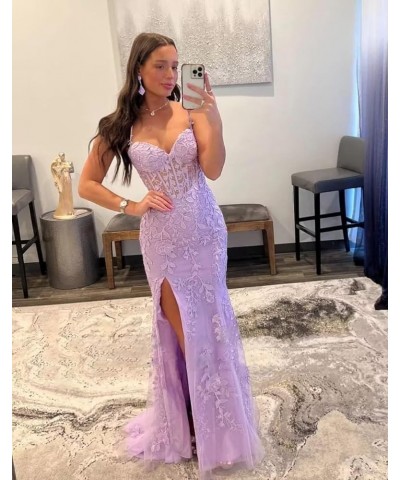 Mermaid Prom Dress for Women Long Tulle V Neck Lace Appliques Spaghetti Straps Formal Evening Party Gowns with Slit Dusty Blu...