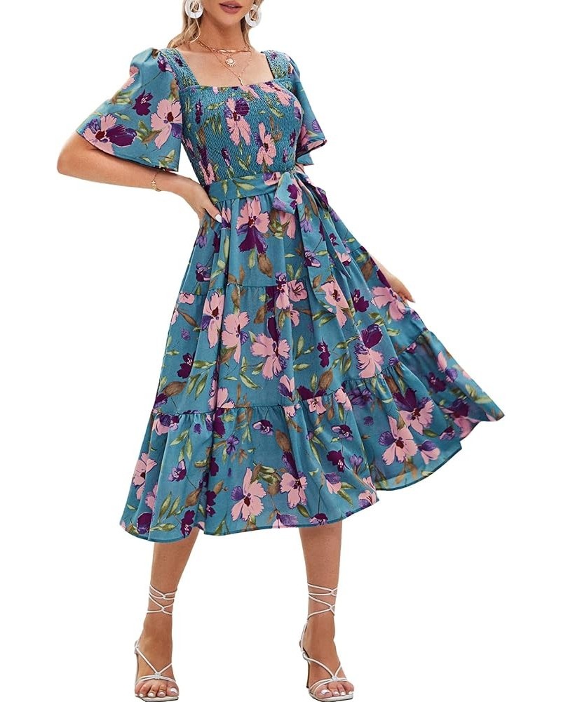 Women's Boho Flowy Long Sleeve Square Neck Floral Midi Dress Smocked Spring Fall Wedding Guest Dresses S-blue Floral $21.73 D...