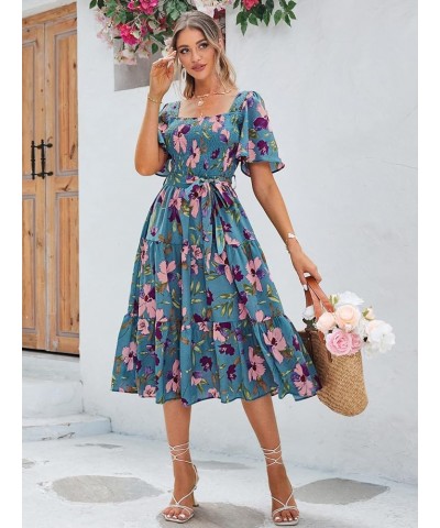 Women's Boho Flowy Long Sleeve Square Neck Floral Midi Dress Smocked Spring Fall Wedding Guest Dresses S-blue Floral $21.73 D...