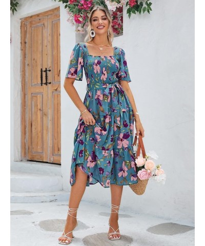 Women's Boho Flowy Long Sleeve Square Neck Floral Midi Dress Smocked Spring Fall Wedding Guest Dresses S-blue Floral $21.73 D...