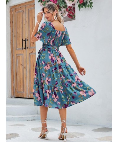 Women's Boho Flowy Long Sleeve Square Neck Floral Midi Dress Smocked Spring Fall Wedding Guest Dresses S-blue Floral $21.73 D...