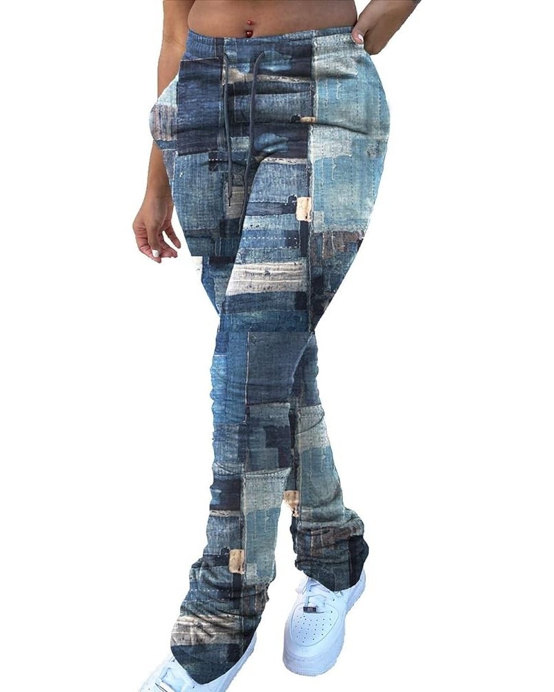 Jeans Print Trousers for Women Drawstring High Waist Pant with Pocket Casual Hip Hop Stretch Pants (Blue, L) Blue Large $10.6...