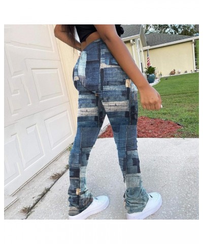 Jeans Print Trousers for Women Drawstring High Waist Pant with Pocket Casual Hip Hop Stretch Pants (Blue, L) Blue Large $10.6...