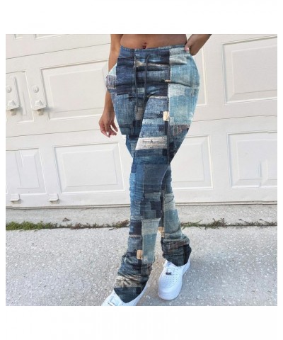 Jeans Print Trousers for Women Drawstring High Waist Pant with Pocket Casual Hip Hop Stretch Pants (Blue, L) Blue Large $10.6...