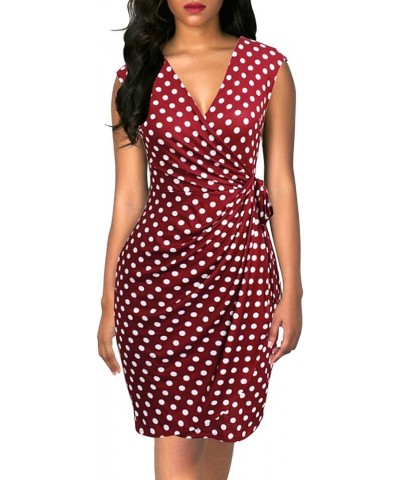 Women's Vintage V-Neck Sheath Casual Party Work Faux Black Wrap Dress Red Polka Dot $17.34 Dresses