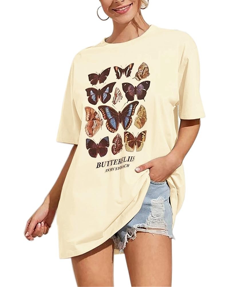 Women's Oversize Graphic Printed Loose Tee Short Sleeve Round Neck Loose Tshirt Tops Beige $16.79 T-Shirts