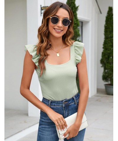 Womens Ruffle Short Sleeve Bodysuit Square Neck Jumpsuits Elastic Ribbed Tops Olive Green $12.69 Bodysuits