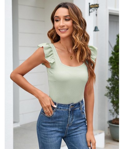 Womens Ruffle Short Sleeve Bodysuit Square Neck Jumpsuits Elastic Ribbed Tops Olive Green $12.69 Bodysuits