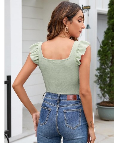 Womens Ruffle Short Sleeve Bodysuit Square Neck Jumpsuits Elastic Ribbed Tops Olive Green $12.69 Bodysuits