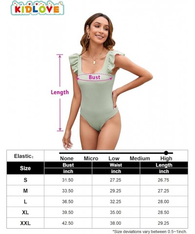 Womens Ruffle Short Sleeve Bodysuit Square Neck Jumpsuits Elastic Ribbed Tops Olive Green $12.69 Bodysuits