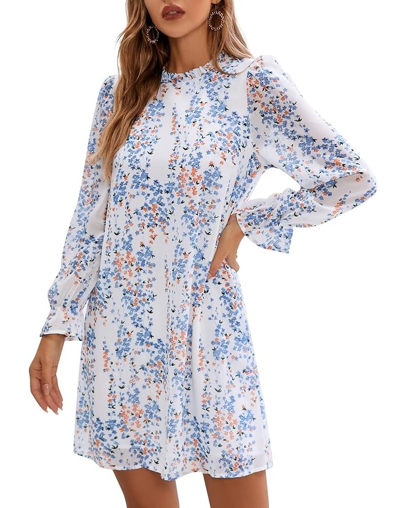 Women's Ruffle Mock Neck Long Sleeve Floral Print Mini Dress Casual Pleated Flowy Babydoll Short Dress Long-white Blue Flower...