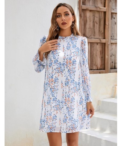 Women's Ruffle Mock Neck Long Sleeve Floral Print Mini Dress Casual Pleated Flowy Babydoll Short Dress Long-white Blue Flower...