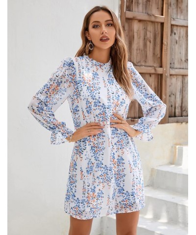 Women's Ruffle Mock Neck Long Sleeve Floral Print Mini Dress Casual Pleated Flowy Babydoll Short Dress Long-white Blue Flower...