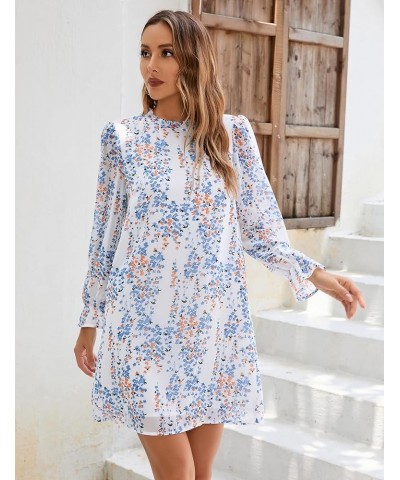 Women's Ruffle Mock Neck Long Sleeve Floral Print Mini Dress Casual Pleated Flowy Babydoll Short Dress Long-white Blue Flower...