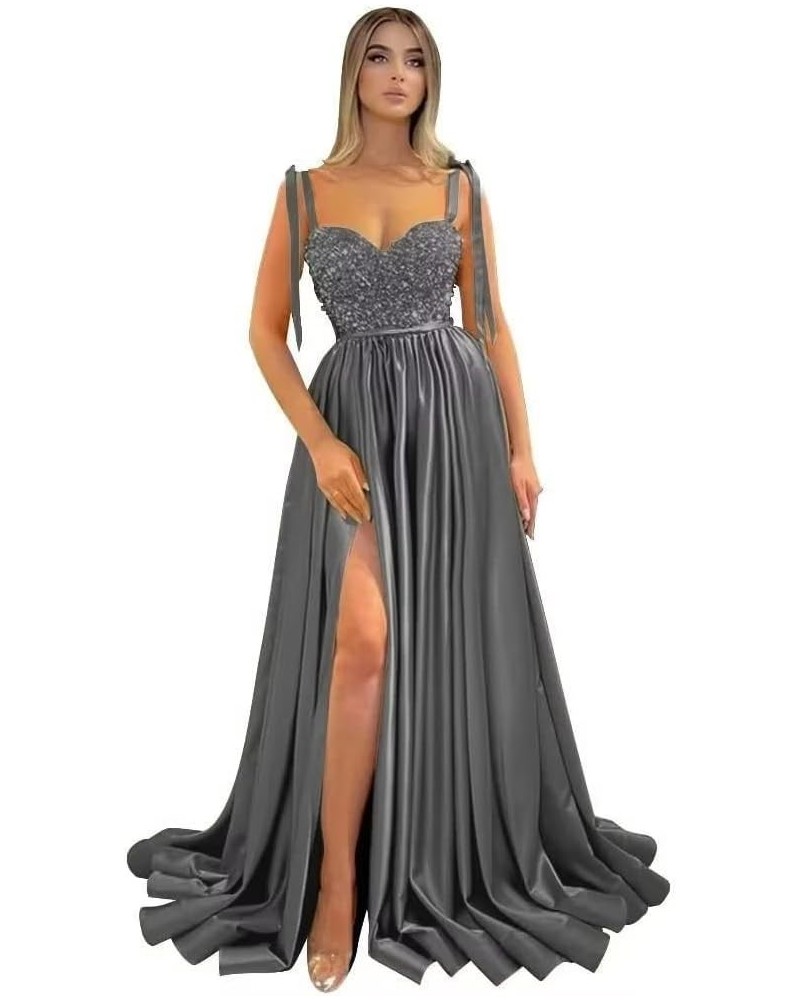 Sparkly Sequin Prom Dress with Slit Spaghetti Straps Formal Evening Gown Wedding Bridesmaid Dress with Pockets Grey $31.98 Dr...