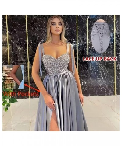 Sparkly Sequin Prom Dress with Slit Spaghetti Straps Formal Evening Gown Wedding Bridesmaid Dress with Pockets Grey $31.98 Dr...