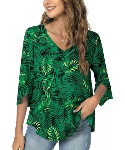 Womens 2024 Casual V-Neck Loose Tunic Top for leggings 3/4 Sleeve Chiffon Blouse Shirt Tops V/Leaf Green $12.40 Tops