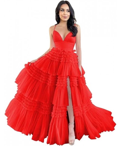 Tiered Tulle Prom Dresses for Women 2024 Glitter Ball Gown Long Formal Dress Evening Party Gowns with Slit Red $44.51 Dresses