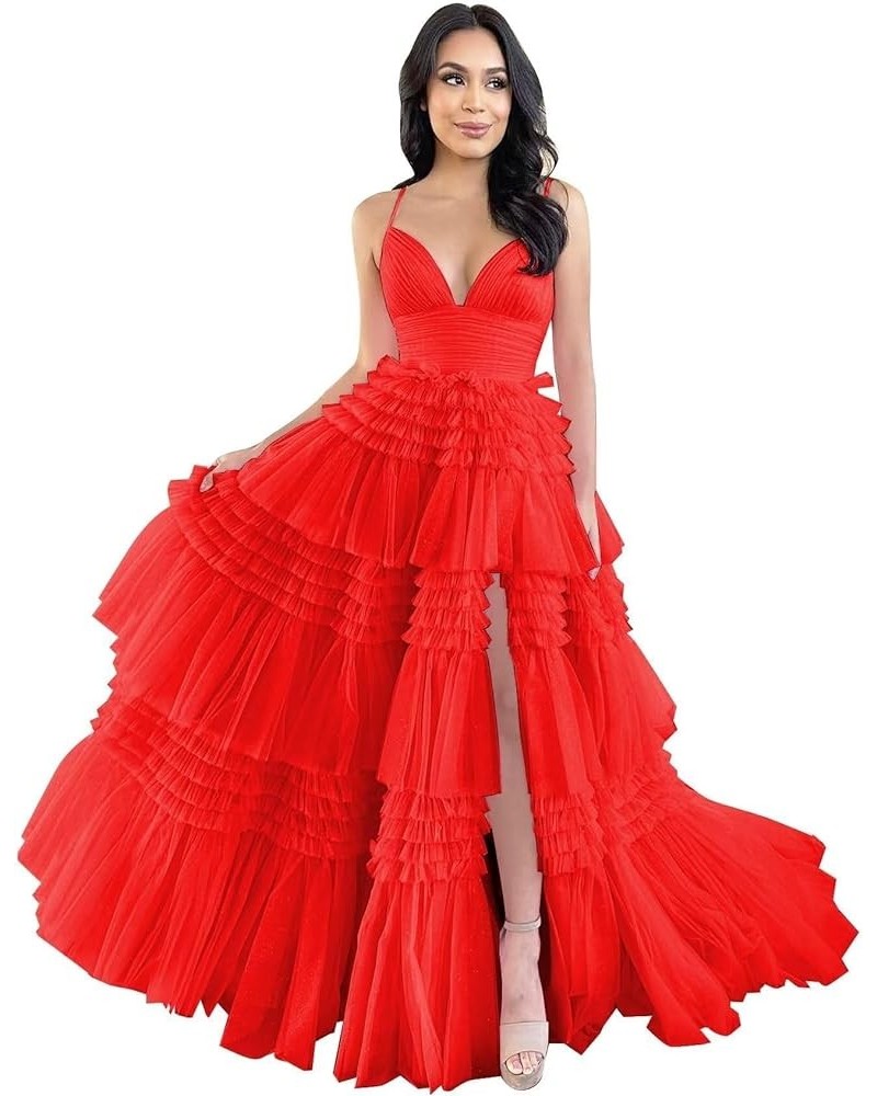 Tiered Tulle Prom Dresses for Women 2024 Glitter Ball Gown Long Formal Dress Evening Party Gowns with Slit Red $44.51 Dresses