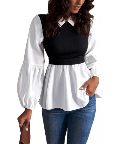 Women's Striped Print Knitted Button Front Long Sleeve Blouse 2 in 1 Top Black and White Solid $22.95 Blouses