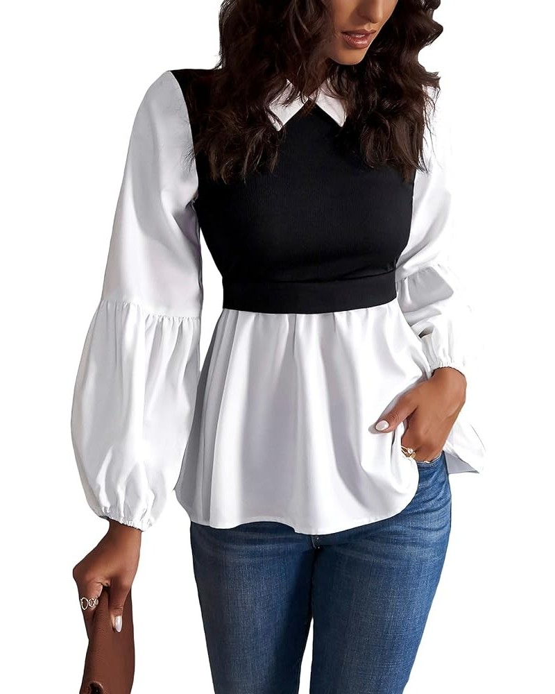 Women's Striped Print Knitted Button Front Long Sleeve Blouse 2 in 1 Top Black and White Solid $22.95 Blouses