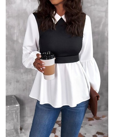 Women's Striped Print Knitted Button Front Long Sleeve Blouse 2 in 1 Top Black and White Solid $22.95 Blouses