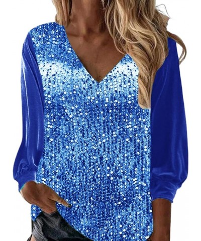 Sequin Blouse for Women Long Sleeve V-Neck Shiny Sequined Tops Shirt Casual Holiday Glitter Party T-Shirt 15 Blue $10.18 Blouses