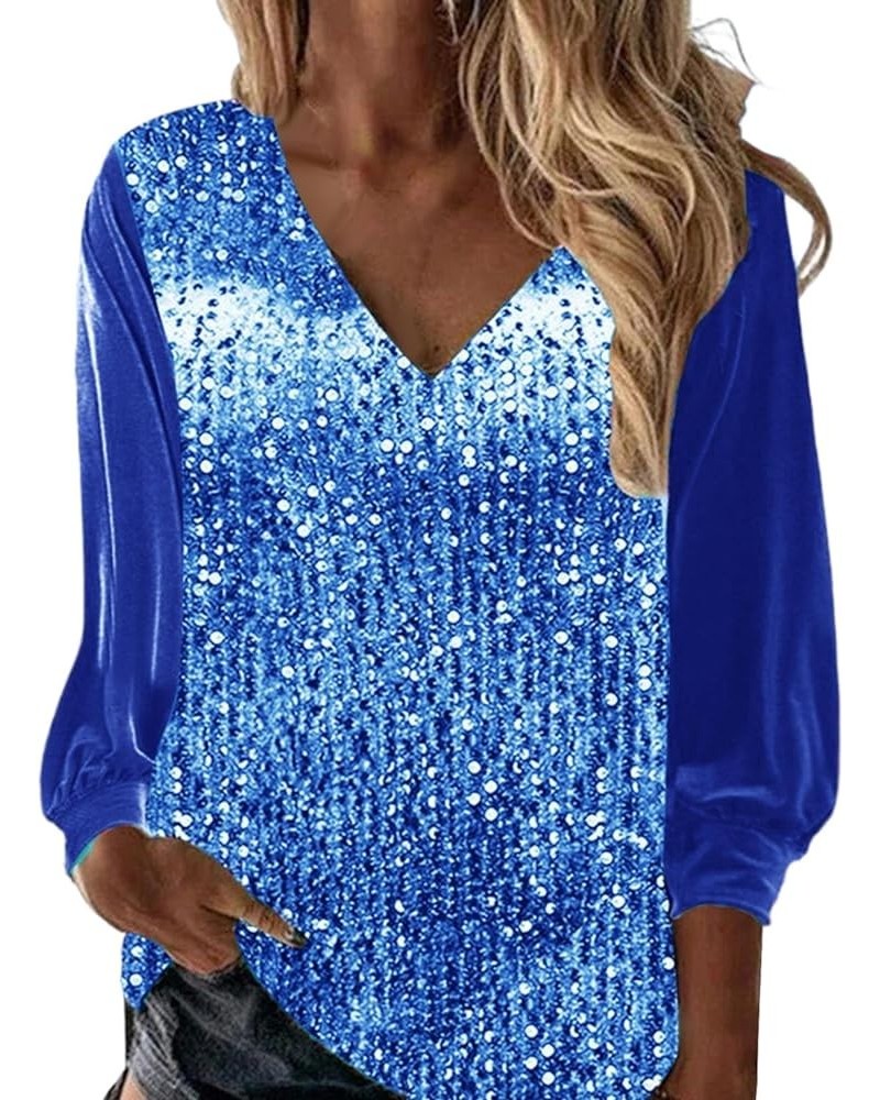 Sequin Blouse for Women Long Sleeve V-Neck Shiny Sequined Tops Shirt Casual Holiday Glitter Party T-Shirt 15 Blue $10.18 Blouses