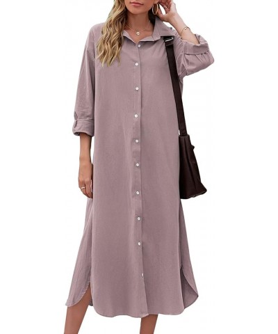 Women Cotton and Linen Shirt Dress Casual Loose Maxi Dresses Purple $14.70 Dresses