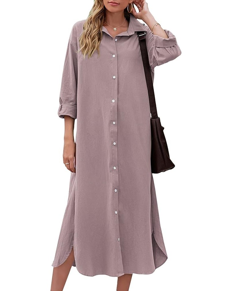 Women Cotton and Linen Shirt Dress Casual Loose Maxi Dresses Purple $14.70 Dresses