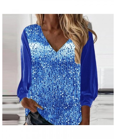 Sequin Blouse for Women Long Sleeve V-Neck Shiny Sequined Tops Shirt Casual Holiday Glitter Party T-Shirt 15 Blue $10.18 Blouses