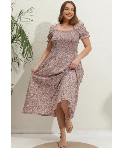 Women's 2024 Summer Casual Dress Plus Size Smocked Midi Calf Length Puff Sleeve Floral Dresses with Pockets Pink Floral $18.4...