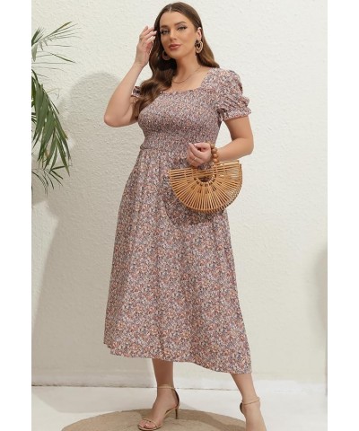 Women's 2024 Summer Casual Dress Plus Size Smocked Midi Calf Length Puff Sleeve Floral Dresses with Pockets Pink Floral $18.4...