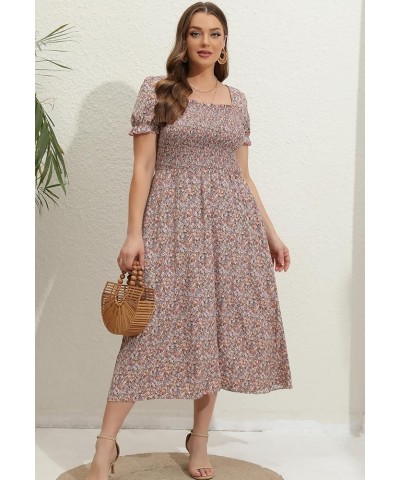 Women's 2024 Summer Casual Dress Plus Size Smocked Midi Calf Length Puff Sleeve Floral Dresses with Pockets Pink Floral $18.4...