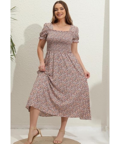 Women's 2024 Summer Casual Dress Plus Size Smocked Midi Calf Length Puff Sleeve Floral Dresses with Pockets Pink Floral $18.4...