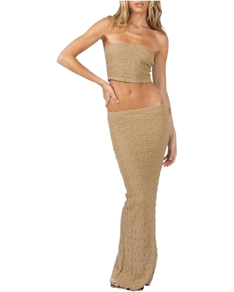 Women Crochet Knit 2 Piece Skirt Sets Y2k Hollow Out Crop Top Bodycon Maxi Skirts Sexy Strapless Summer Beachwear R-strapless...