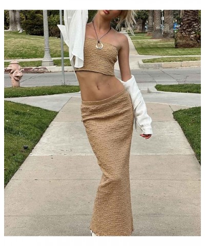 Women Crochet Knit 2 Piece Skirt Sets Y2k Hollow Out Crop Top Bodycon Maxi Skirts Sexy Strapless Summer Beachwear R-strapless...