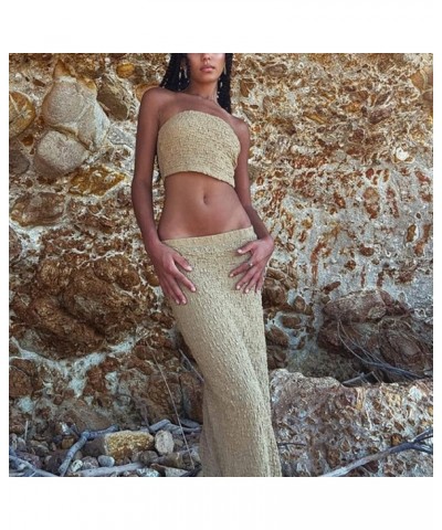 Women Crochet Knit 2 Piece Skirt Sets Y2k Hollow Out Crop Top Bodycon Maxi Skirts Sexy Strapless Summer Beachwear R-strapless...