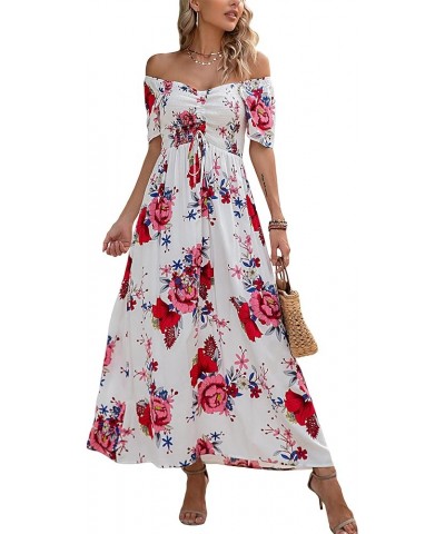 Women's Summer Off Shoulder Casual Boho Floral V Neck Drawstring Short Sleeve Party Smocked Long Maxi Dress White/Red $20.39 ...