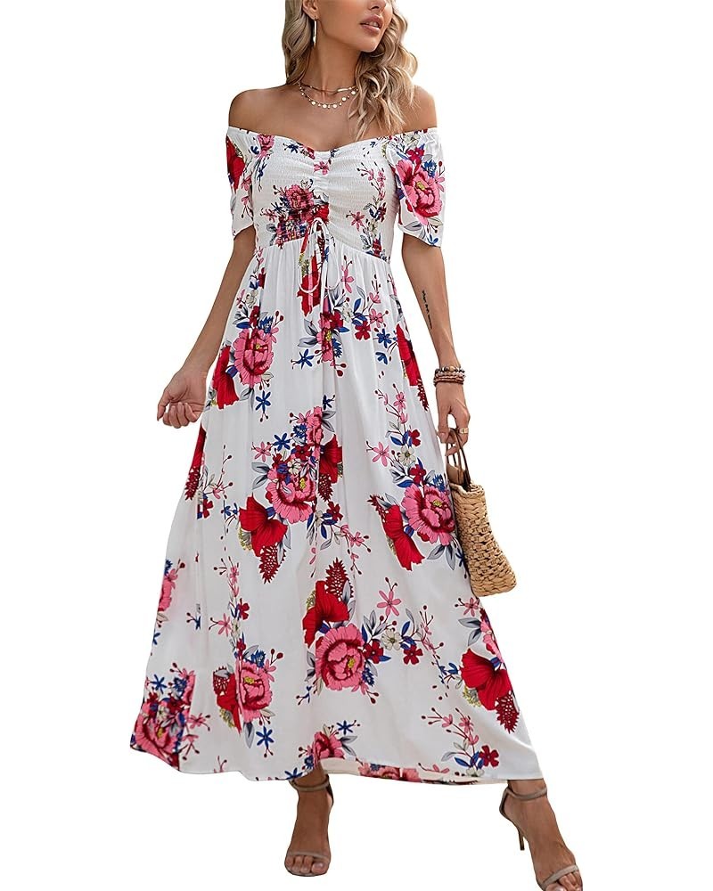 Women's Summer Off Shoulder Casual Boho Floral V Neck Drawstring Short Sleeve Party Smocked Long Maxi Dress White/Red $20.39 ...