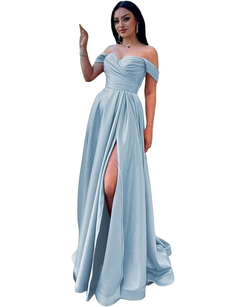 Women's Off Shoulder Bridesmaid Dresses Satin Long Sweetheart Mermaid Formal Evening Gowns with Slit BD401 Sky Blue $28.60 Dr...